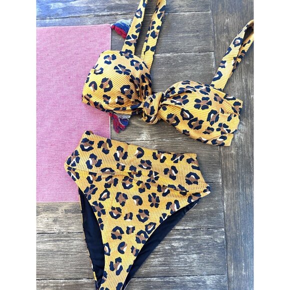 NEW BEACH RIOT Sofia Bikini SET Leopard Animal Print Gold Black Women's Size XS - Picture 2 of 9